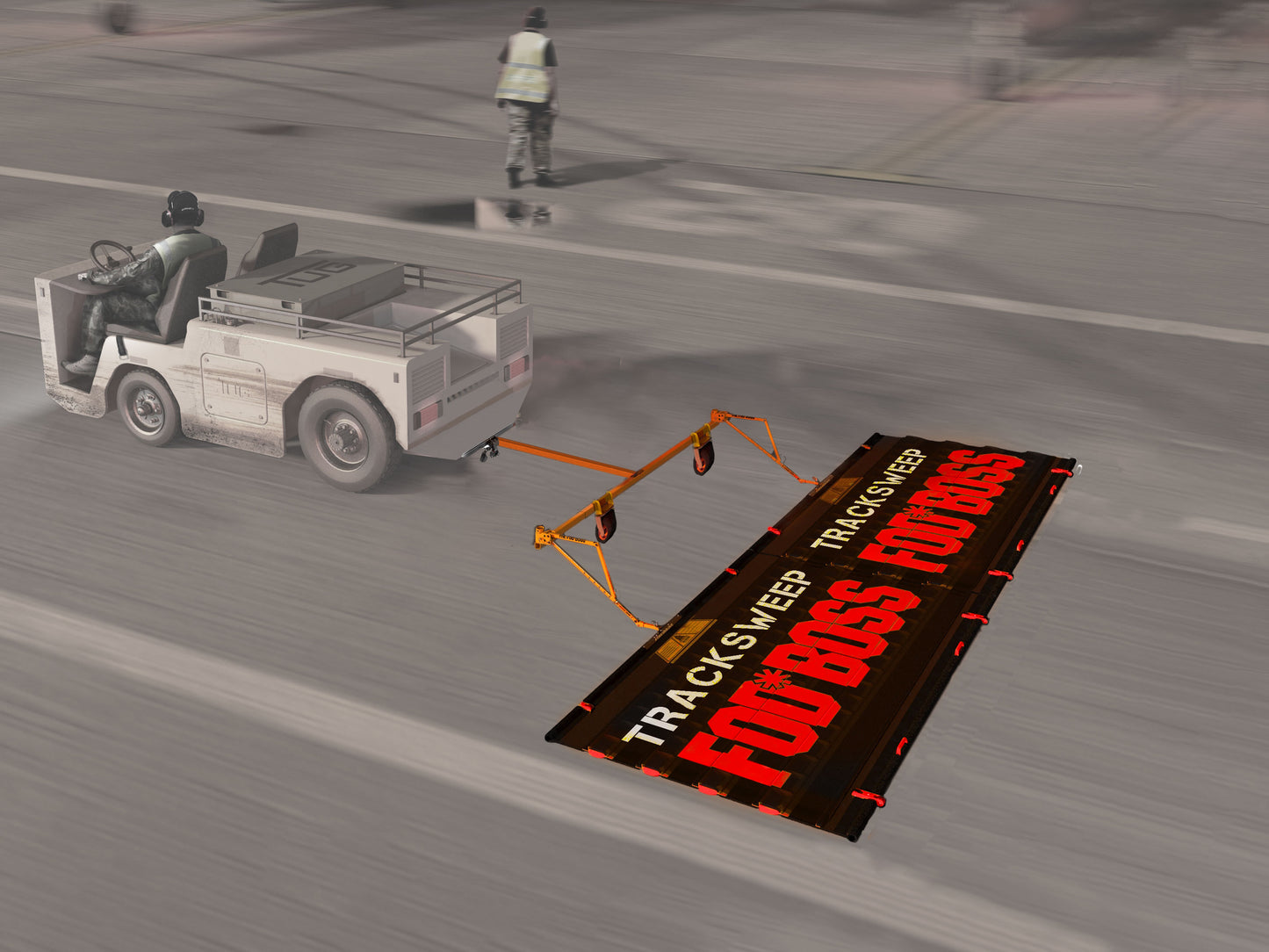 Das Tracksweep Duplexsystem wird über die Fahrbahn gezogen um die Verschmutzungen der Strecke aufzusammeln. Die FOD*BOSS Kehrmatte sammelt Fremdkörper wie Steine, Muttern, Schrauben, usw. auf und schließt diese in den Maschen ein.